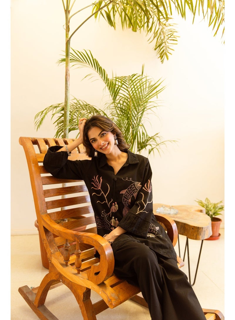 PRIYA’S PANACHE Black Cotton Flex Embroidered Co-ord Set for Women | 2 Piece Kurta Pant Set | Ethnic Indian Wear | Casual & Smart Casual Wear | Stylish Co-ord Set - Image 5