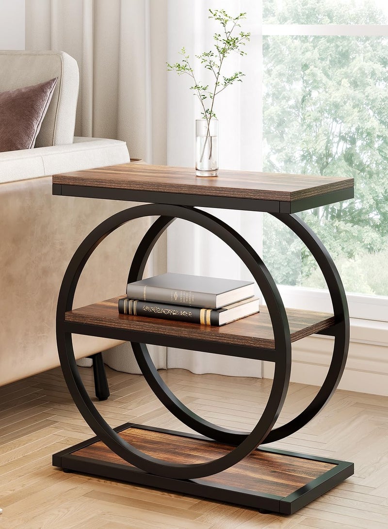 والالا طاولة جانبية لغرفة المعيشة، طاولة جانبية ضيقة بثلاث طبقات مع مساحة تخزين، طاولة جانبية على شكل أريكة خشبية صناعية بإطار معدني هندسي، طاولة جانبية رفيعة ريفية باللونين البني والأسود لغرفة النوم - Image 1