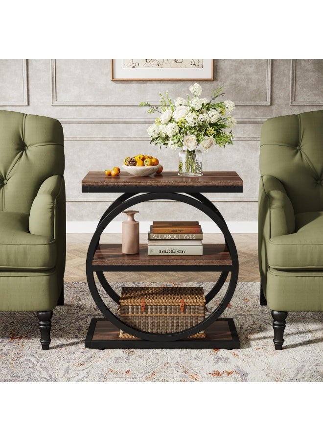 والالا طاولة جانبية لغرفة المعيشة، طاولة جانبية ضيقة بثلاث طبقات مع مساحة تخزين، طاولة جانبية على شكل أريكة خشبية صناعية بإطار معدني هندسي، طاولة جانبية رفيعة ريفية باللونين البني والأسود لغرفة النوم - Image 5