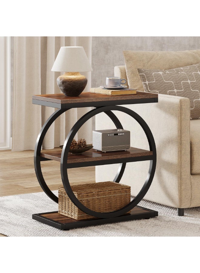 والالا طاولة جانبية لغرفة المعيشة، طاولة جانبية ضيقة بثلاث طبقات مع مساحة تخزين، طاولة جانبية على شكل أريكة خشبية صناعية بإطار معدني هندسي، طاولة جانبية رفيعة ريفية باللونين البني والأسود لغرفة النوم - Image 2