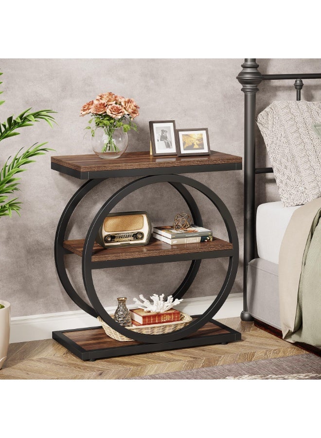 والالا طاولة جانبية لغرفة المعيشة، طاولة جانبية ضيقة بثلاث طبقات مع مساحة تخزين، طاولة جانبية على شكل أريكة خشبية صناعية بإطار معدني هندسي، طاولة جانبية رفيعة ريفية باللونين البني والأسود لغرفة النوم - Image 4