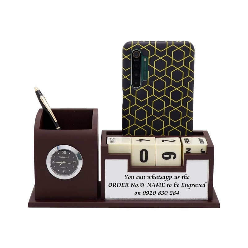 CrownLit Wood Personalised Pen Stand With Name | Diwali Gift Items | Corporate Gifts, Stationery, Brown - Image 2