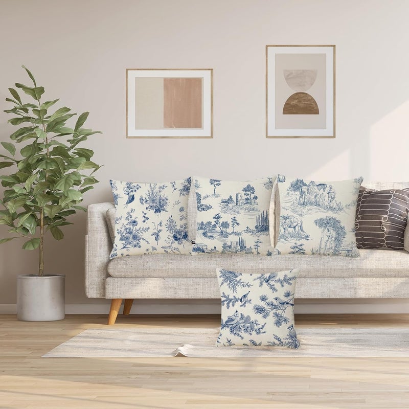كاست ويف أغطية وسائد رمي تويل مقاس 18 × 18 بوصة، مجموعة من 4 قطع، وسائد على الطراز الريفي الفرنسي، أغطية وسائد زخرفية زرقاء عتيقة على طراز الشينوازري للأريكة وغرفة المعيشة - Image 4
