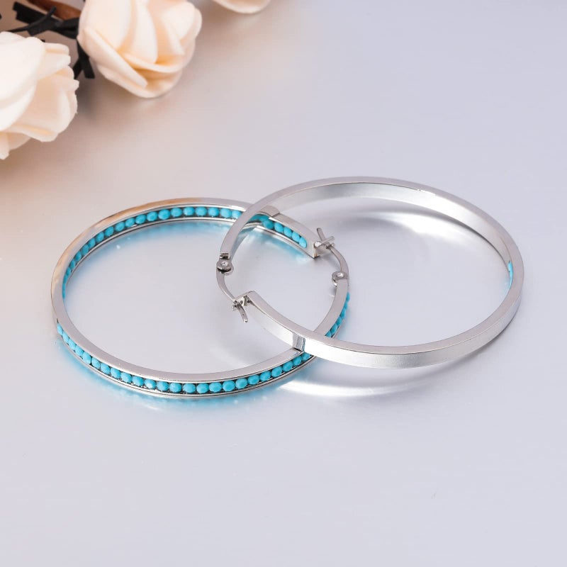 CiNily Large Hoop Earrings for Women Hypoallergenic,Stainless Steel Turquoise Big Hoop Earring Large Rhinestone Hoops Hoop Earrings Jewelry 2" - Image 5