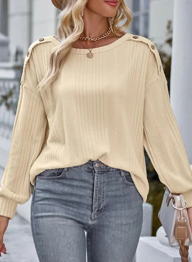 Take Two Take Two Women Beige Ribbed Long Sleeve Top with Button Detail