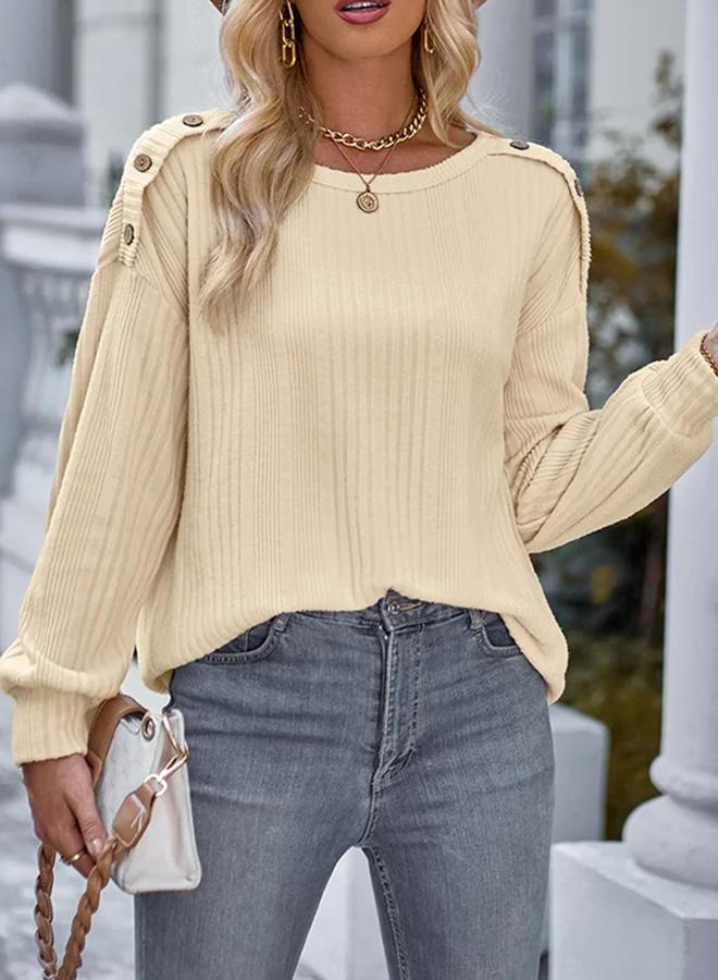 Take Two Women Beige Ribbed Long Sleeve Top with Button Detail - Image 3