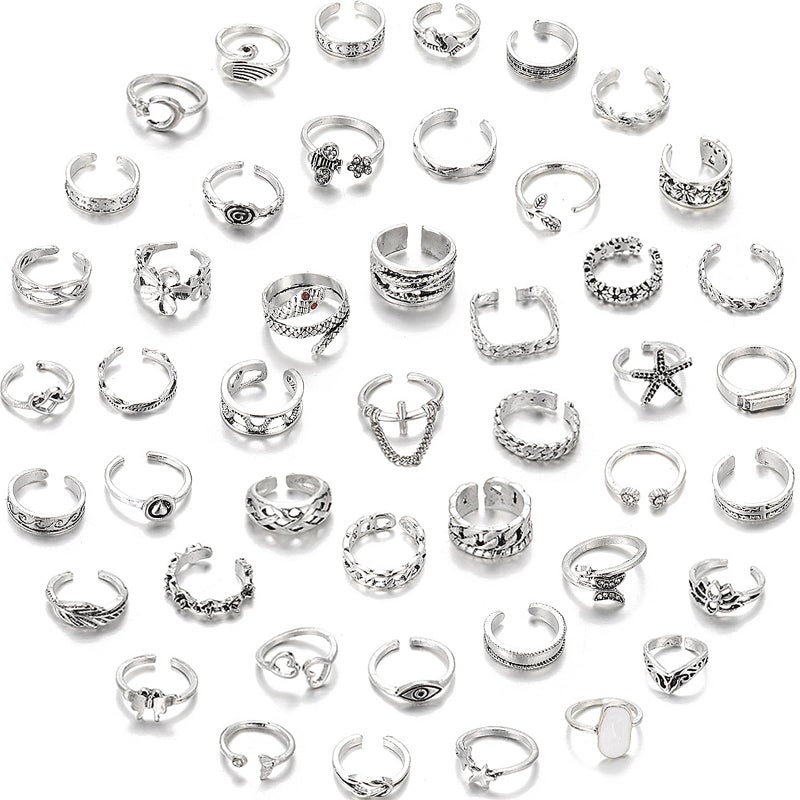 Acruccen 46 Pcs Open Toe Rings Set for Women Adjustable Finger Tail Ring Summer Beach Foot Jewelry Silver-tone - Image 1