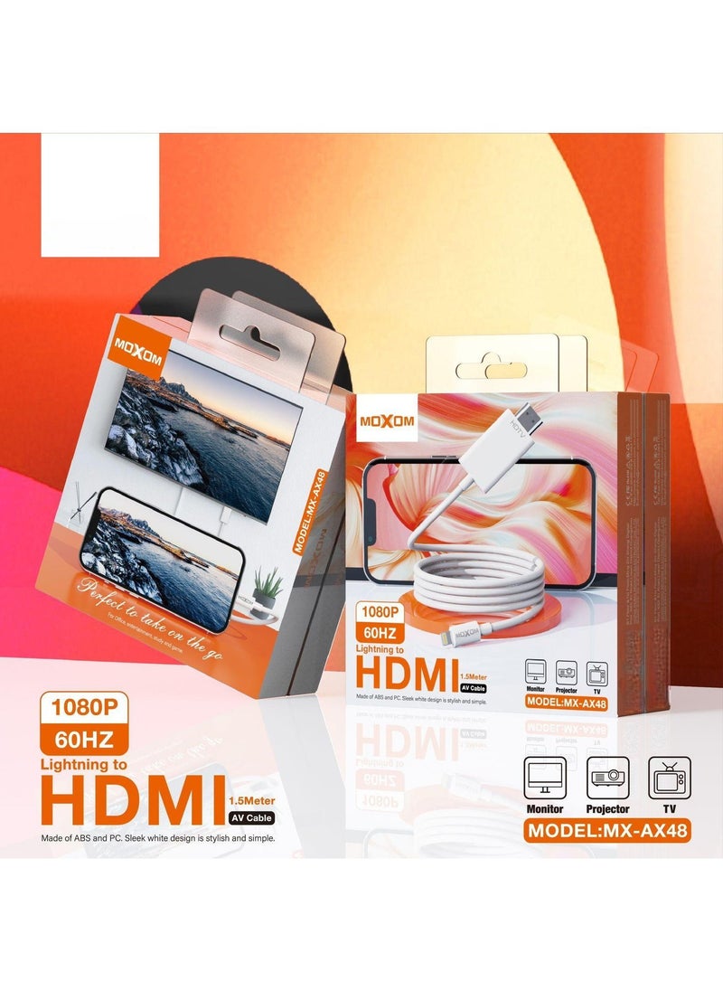 Lightning To HDMI 1.5 Meter Digital AV Cable to Connect to Monitor, Projector, TV, etc MX-AX48 White