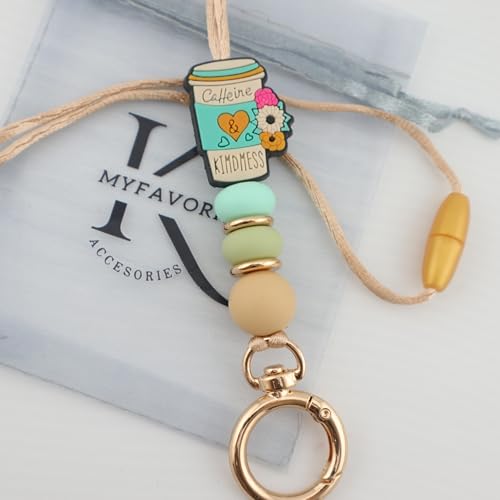MyfavoriteK Coffee Cup Teacher Lanyard ID Badge Holder and Keys, Soft Beads Lanyard for Women Work Students (Sumer) - Image 2