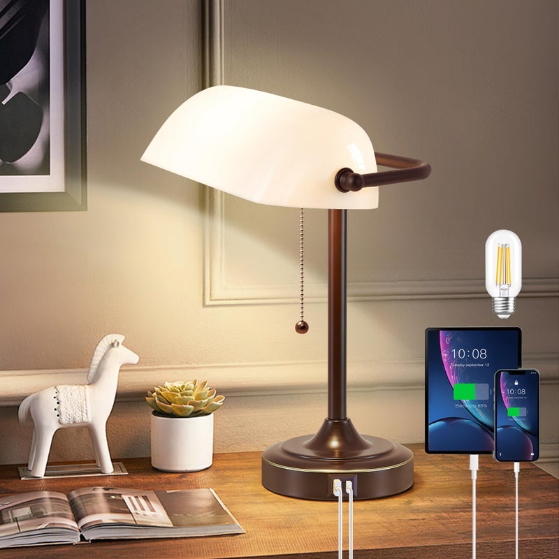 EJIAXIN مصباح مكتب عتيق - مصباح طاولة بني ريترو مع منافذ شحن USB و Type C مفتاح سلسلة سحب تقليدي مصباح مكتبة للمكتب المنزلي غرفة النوم طاولة جانبية (مصباح متضمن) - Image 1