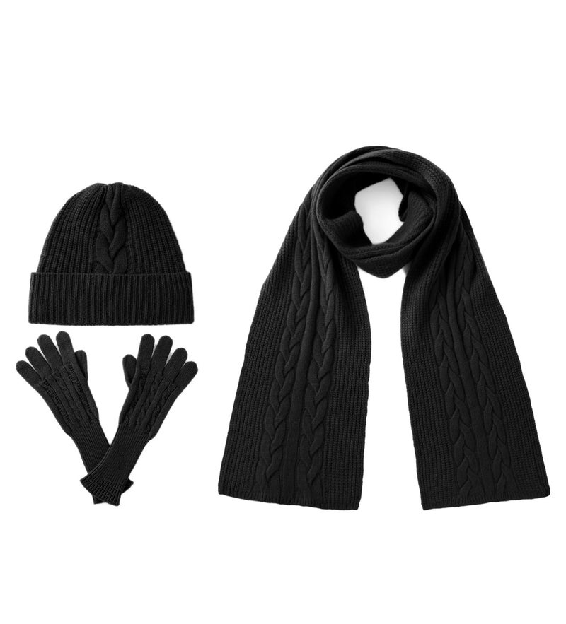 Villand Womens 3 Piece 100 Pure Cashmere Scarf Hat Gloves Set Cable Knitted Winter Set with Gift Box Black