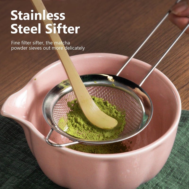 Domaci Pink Matcha Whisk Set, 7 Pcs Matcha Kit Includes Matcha Bowl with Spout, Bamboo Whisk, Chasen Holder, Sifter, Scoop and Rest, Tea Towel, Matcha Making Kit Tools for Family/Friend - Image 4