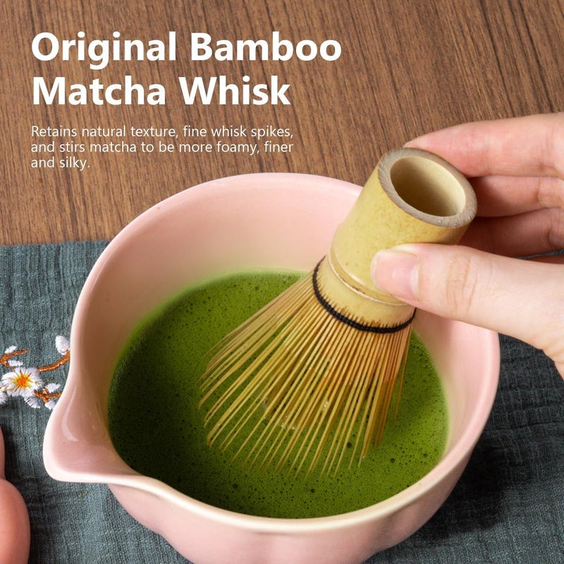 Domaci Pink Matcha Whisk Set, 7 Pcs Matcha Kit Includes Matcha Bowl with Spout, Bamboo Whisk, Chasen Holder, Sifter, Scoop and Rest, Tea Towel, Matcha Making Kit Tools for Family/Friend - Image 3