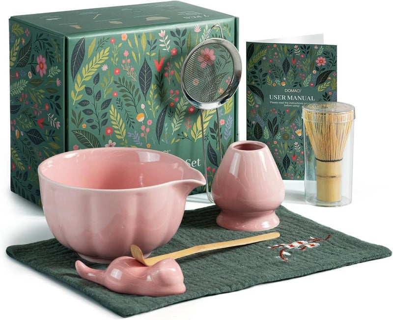 Domaci Pink Matcha Whisk Set, 7 Pcs Matcha Kit Includes Matcha Bowl with Spout, Bamboo Whisk, Chasen Holder, Sifter, Scoop and Rest, Tea Towel, Matcha Making Kit Tools for Family/Friend - Image 1