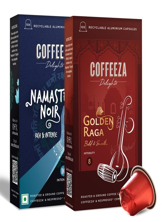 COFFEEZA Delights Namaste Noir & Golden Raga Coffee Capsules (Budget-Friendly) Variety Pack Of 2 | 20 Coffee Pods |160gram - Image 1
