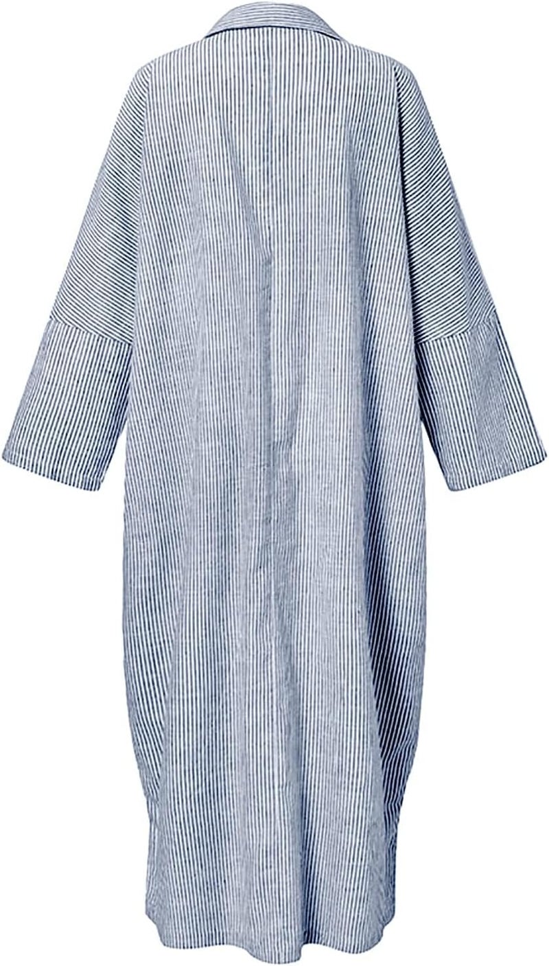 Women's Casual Long Sleeve Button Down Loose Striped Cotton Maxi Shirt Dress - Image 4