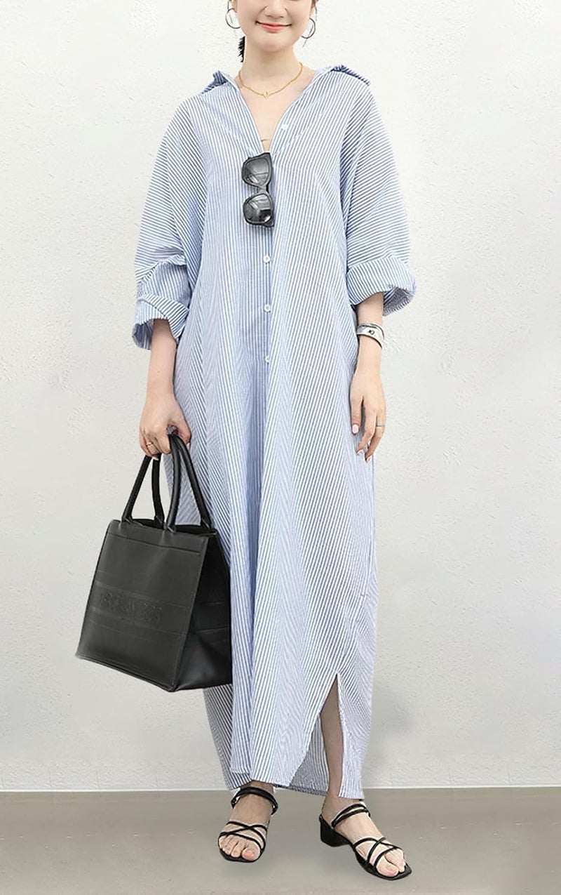Women's Casual Long Sleeve Button Down Loose Striped Cotton Maxi Shirt Dress - Image 2