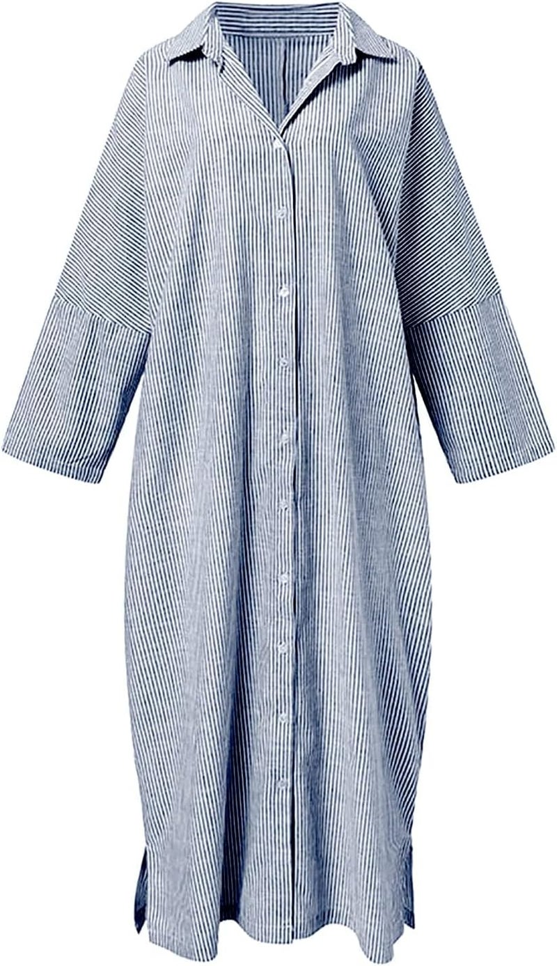 Women's Casual Long Sleeve Button Down Loose Striped Cotton Maxi Shirt Dress - Image 3