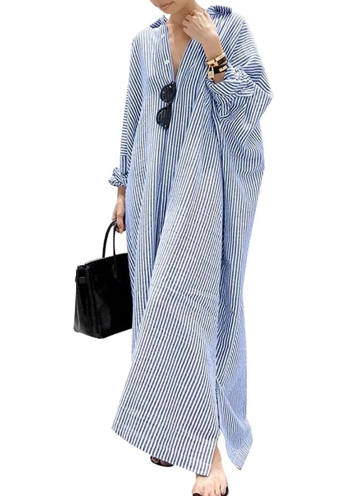 Women's Casual Long Sleeve Button Down Loose Striped Cotton Maxi Shirt Dress - Image 1