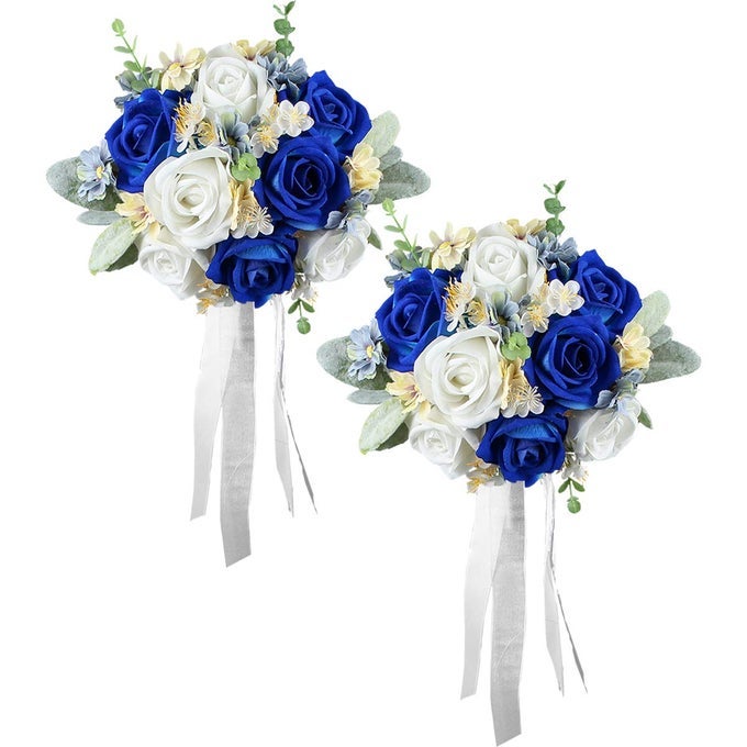 SET OF 2 BLUE WEDDING BOUQUET FOR BRIDESMAID ARTIFICIAL WINTER ROYAL NAVY BLUE SILK BRIDESMAIDS BOUQUET WEDDING PROM NIGHT BOUQUETS