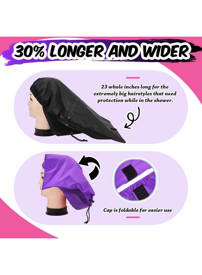 Satinior Braid Shower Cap Large Jumbo For Adjustable And Foldable With Drying Loop Extra Big Plastic Long Curly Hair Braids (Black Purple) - Image 4