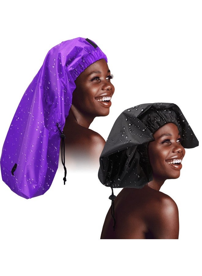 Satinior Braid Shower Cap Large Jumbo For Adjustable And Foldable With Drying Loop Extra Big Plastic Long Curly Hair Braids (Black Purple) - Image 1