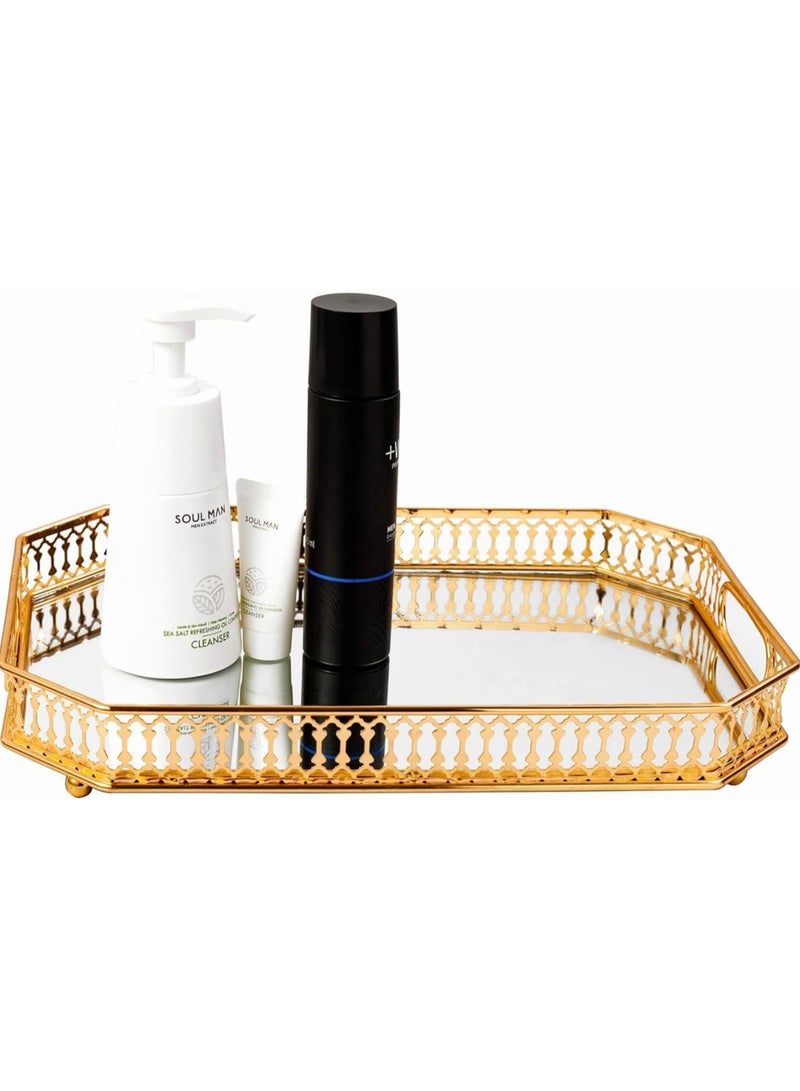 TOMSHOO صينية ديكور صينية تقديم كبيرة بمقابض صواني قهوة لطاولة القهوة صينية ديكور طاولة القهوة، صواني حمام للطاولة صينية ذهبية مزخرفة، صينية مرآة وصينية معدنية صينية شاي - Image 5