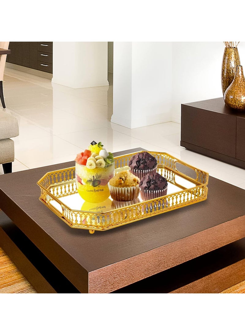 TOMSHOO صينية ديكور صينية تقديم كبيرة بمقابض صواني قهوة لطاولة القهوة صينية ديكور طاولة القهوة، صواني حمام للطاولة صينية ذهبية مزخرفة، صينية مرآة وصينية معدنية صينية شاي - Image 3