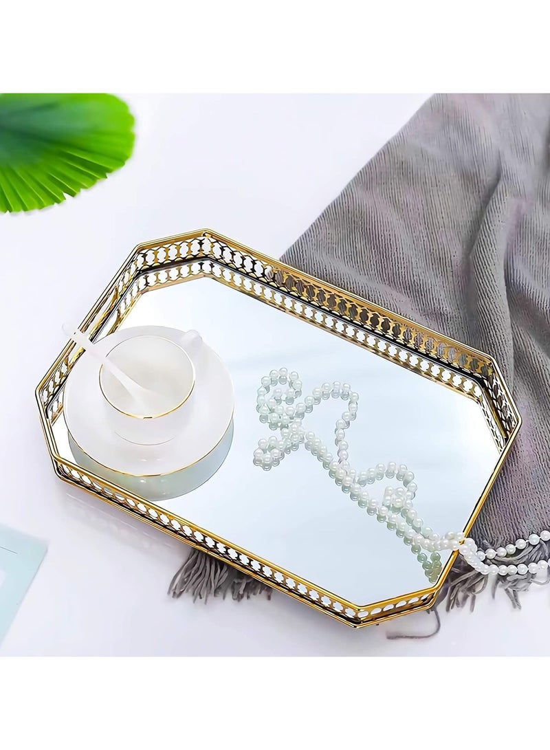 TOMSHOO صينية ديكور صينية تقديم كبيرة بمقابض صواني قهوة لطاولة القهوة صينية ديكور طاولة القهوة، صواني حمام للطاولة صينية ذهبية مزخرفة، صينية مرآة وصينية معدنية صينية شاي - Image 4