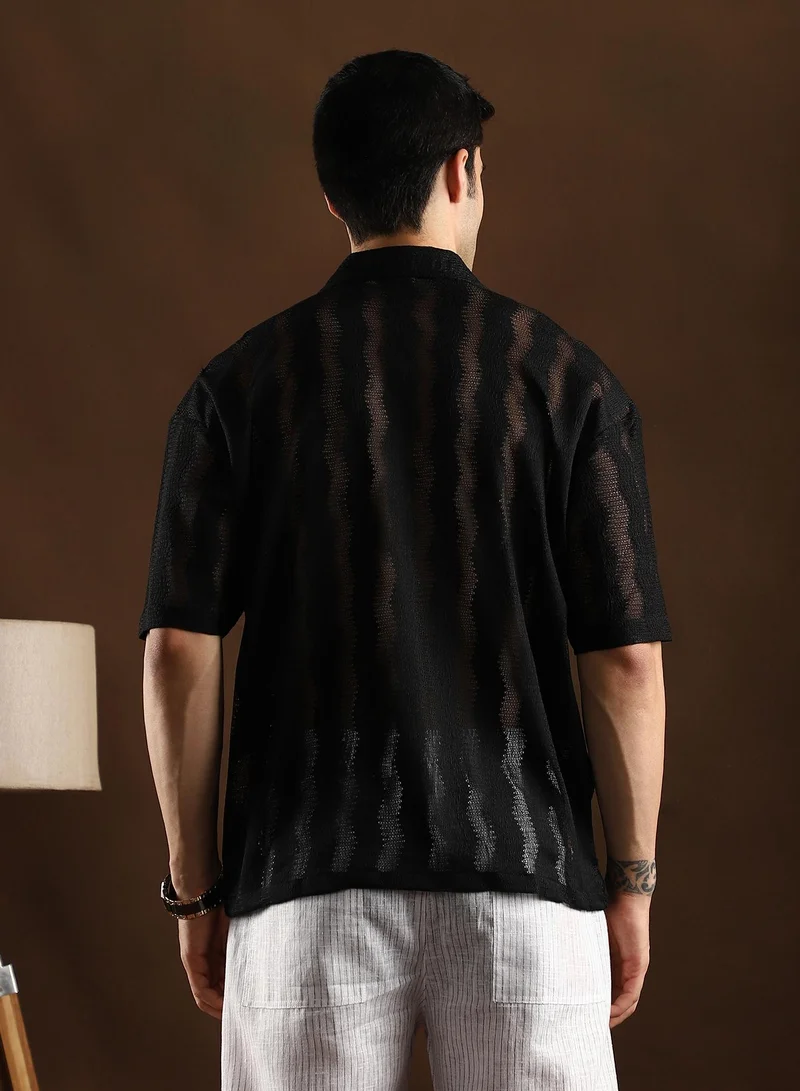 CAHOOT  Men's Onyx Black Swirl Open-Knit Resort Shirt for Men | Best Price UAE
