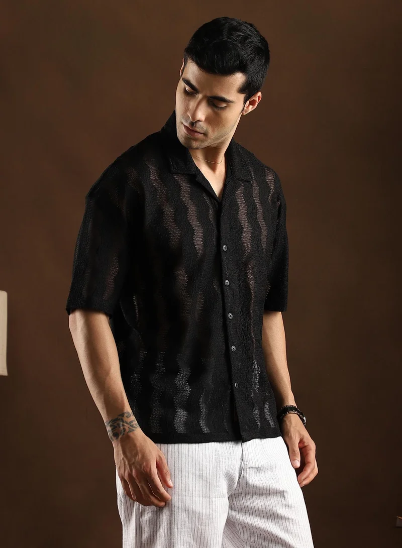 CAHOOT  Men's Onyx Black Swirl Open-Knit Resort Shirt for Men | Best Price UAE
