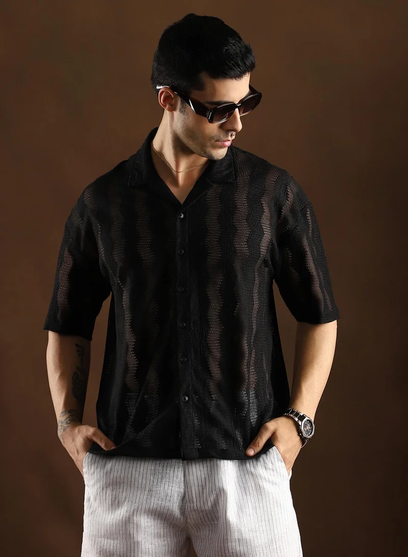 Campus Sutra Men's Onyx Black Swirl Open-Knit Resort Shirt