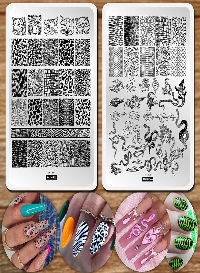 Mezerdoo Leopard Snake Nail Stamping Plate Stencils for Nail Art Reusable 2Pcs Large Size Nail Stamper Plates Templates Cat Crocodiles Stripes Line Print Nail Design Stamp Plate Stainless Steel Nail Art Tools - Image 1