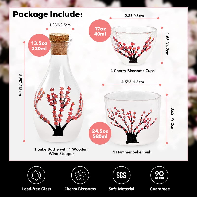 Dujust Japanese Sake Set For 4  Handcraft Pink Cherry Blossoms Design  1 Sake Bottle  1 Sake Tank And 4 Sake Cups  Cold/Warm/Hot Sake Carafe  Special Japanese Gifts Set - 6 Pcs - Image 5