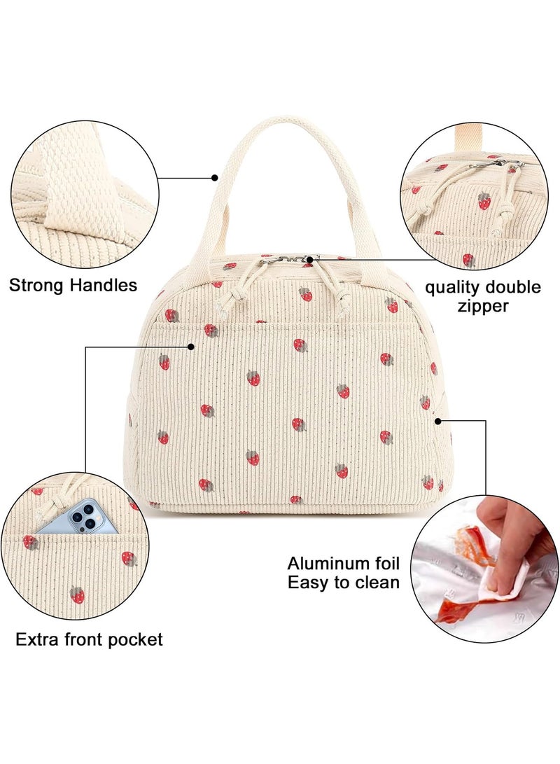 LENND Lunch Bag for Women Men Cute Corduroy Lunch Tote Bags Reusable Insulated Lunch Box Large Capacity Reusable Insulated Cooler for Work Picnic or Travel (Corduroy strawberry) - Image 3