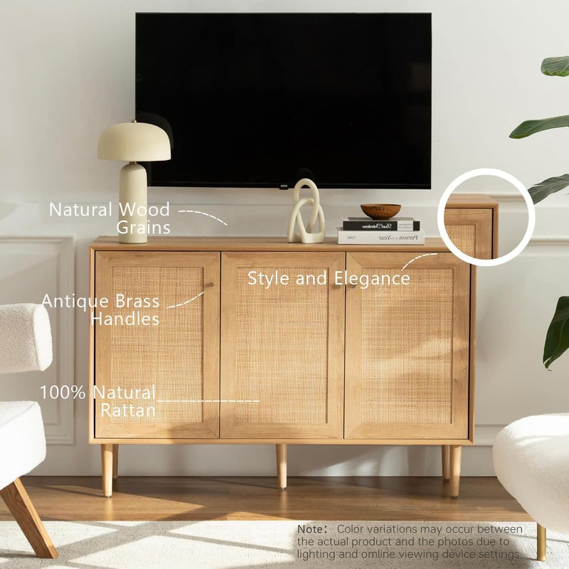 Rattan Storage Cabinet with 3 Doors – Boho Farmhouse Sideboard Buffet Cabinet, Solid Wood Credenza with Adjustable Shelves for Living Room, Kitchen, Entryway, Hallway (Natural Oak) - Image 3