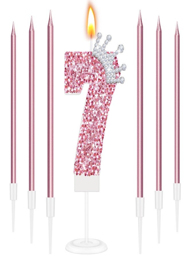 MTLEE Number 7 Candle for Birthday Cake Girl, Pink Crown Glitter 7th Candle Cake Topper with Sequins for Princess Party Decoration Favor Supplies - Image 1