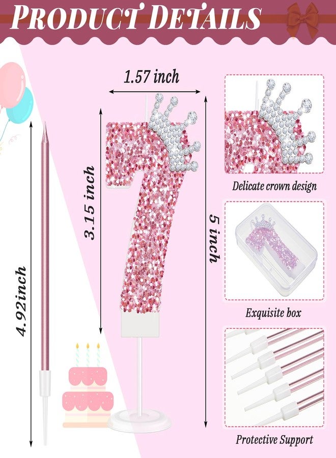MTLEE Number 7 Candle for Birthday Cake Girl, Pink Crown Glitter 7th Candle Cake Topper with Sequins for Princess Party Decoration Favor Supplies - Image 2