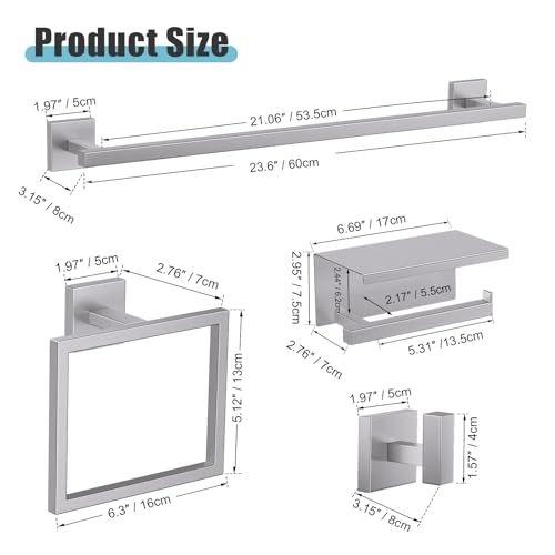 YACVCL 5-Pieces Brushed Nickel Bathroom Hardware Accessories Set Towel Bar Set Upgraded Toilet Paper Holder with Shelf Stainless Steel Wall-Mounted Bathroom Hardware Set 23.6 Inch - Image 3