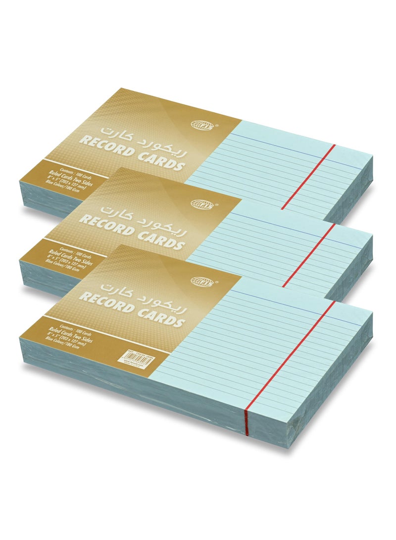 FIS® Ruled Record Cards or Index Cards, Size:8"x5" Inches (203x127mm), Two Sides Single Ruled, 180gsm, 100 Sheets Per Packet,Packet of 3 Pieces, Blue Color-FSIC85-180BL-3 - Image 1