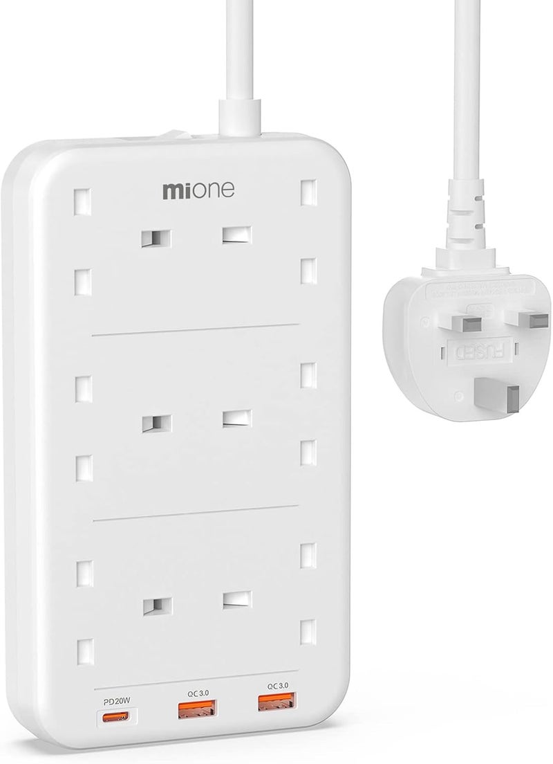 مي وان كابل تمديد ثماني طرق مع منفذ USB-C، مقبس كهرباء سعة 3250 واط/13 أمبير مع 3 منافذ USB للشحن السريع، كابل تمديد متعدد المقابس من المملكة المتحدة مزود بمفتاح، للا��تخدام في المنزل أو المكتب أو المطبخ (mis04-sa) - Image 1