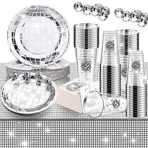 Meanplan 70s Disco Party Supplies Disco Balls Plates Napkins Cocktail Stirrers Disposable Plastic Cups Party Table Runner for 80s 90s Wedding Picnic Travel101 Pieces - Image 1