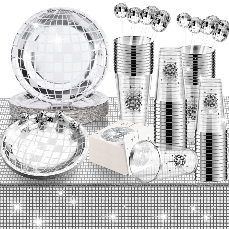 Meanplan 70s Disco Party Supplies Disco Balls Plates Napkins Cocktail Stirrers Disposable Plastic Cups Party Table Runner for 80s 90s Wedding Picnic Travel101 Pieces - Image 2