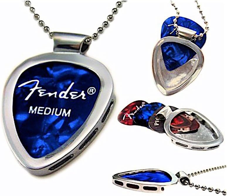 PickBay Guitar Pick Holder Pendant Necklace (CHROME Stainless Steel) & FENDER Guitar Pick Set (Authentic & Original) - Image 1