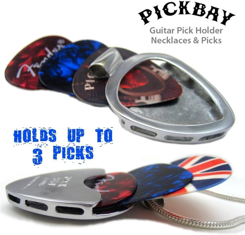 PickBay Guitar Pick Holder Pendant Necklace (CHROME Stainless Steel) & FENDER Guitar Pick Set (Authentic & Original) - Image 3