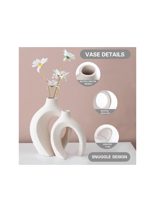 The Bros Ceramic Vases for Home Decor Set of 2, Off White Boho Small Flower Vase, Minimalist Decorative Modern Donut Vase for Living Dining Room Office Entryway Book Shelf Coffee Console Table Décor - Image 3