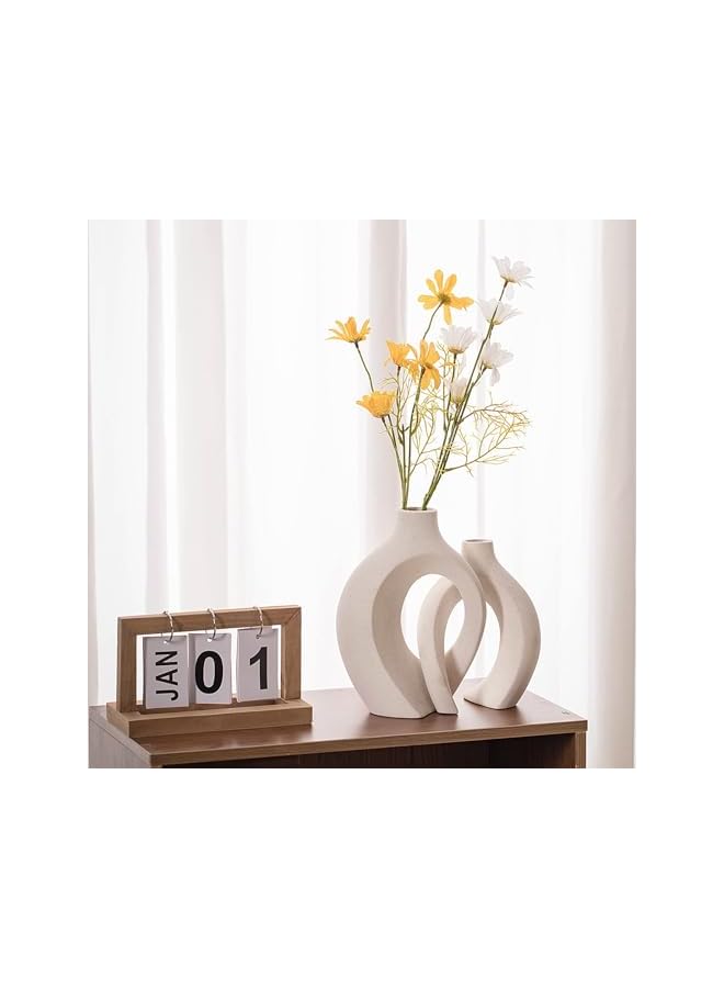 The Bros Ceramic Vases for Home Decor Set of 2, Off White Boho Small Flower Vase, Minimalist Decorative Modern Donut Vase for Living Dining Room Office Entryway Book Shelf Coffee Console Table Décor - Image 5
