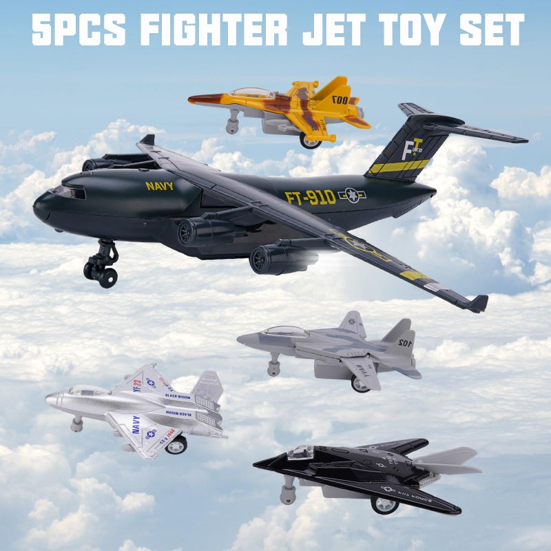Crelloci 5 Pack Army Navy Airplane Toys Set with Light & Sounds, Military Fighter Jet Die Cast Plane Metal Aircraft Toy, Pull Back Aircraft Gift for Kids Toddlers Boys Girls Ages 3+ - Image 2