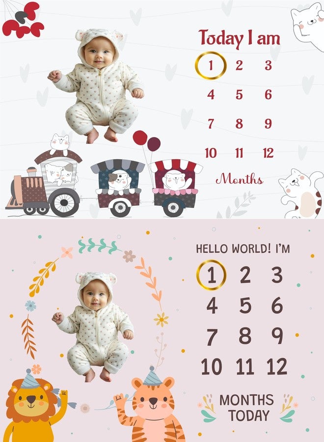 Hoolloomooloo Combo of 2 Baby Monthly Milestone Blankets – Soft Cartoon Themes for Boys & Girls – Ideal for Monthly Baby Photoshoots & Memorable Growth Tracking Moments - Image 1