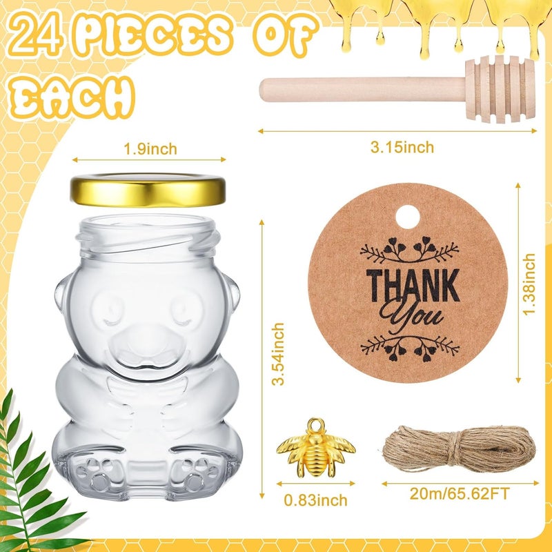 Pickmesh 24 Set 4 oz Bear Shaped Rosh Hashanah Glass Honey Jars with Dipper Bee Pendants Tags Twine Honey Jars Party Favors Small Bear Bottle Container for Baby Shower Wedding Favors(Gold Lids) - Image 2